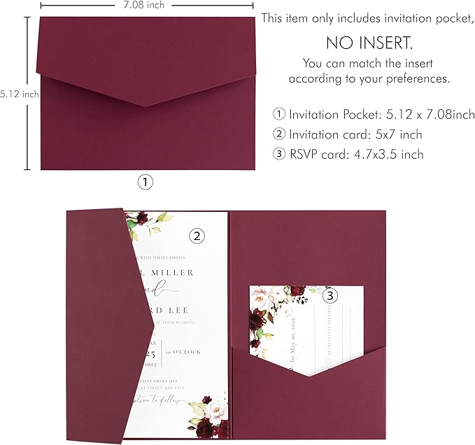 20 PCS Burgundy Tri-fold Laser Cut Wedding Invitation Pockets - Image 3