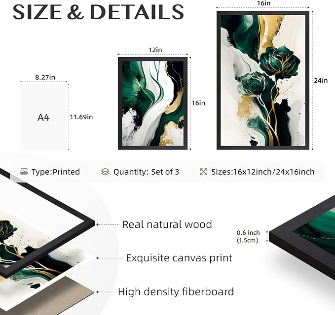 IAFWZX Wood Framed Green Gold Abstract Wall Art, Emerald Marble Textured Wall - Image 7
