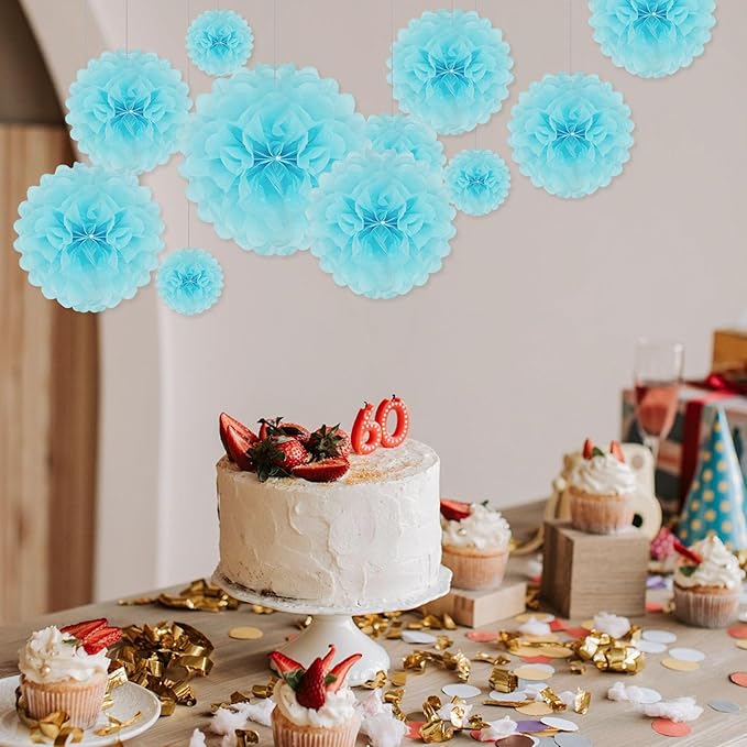 Tissue Paper Pom Poms, Light Blue Tissue Paper Flowers, Hanging Flower Balls - Image 3
