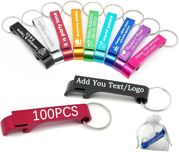 100pcs Personalized Bottle Opener Keychain Bulk Custom Engraved Text/Logo by BEXOAEDC