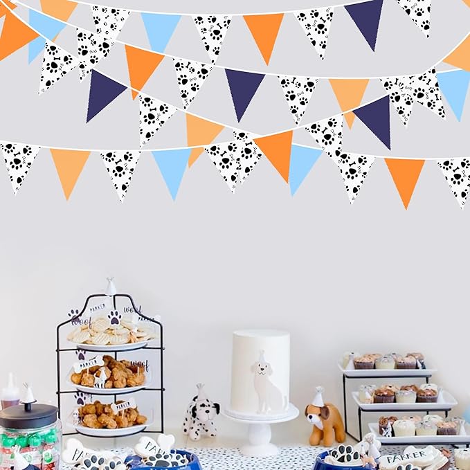 32Ft Orange Blue Dog Paw Party Decorations Puppy Paw Print Fabric Banner - Image 3