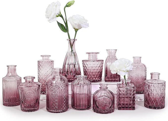 12pcs Glass Bud Vase Set, Small Purple Flower Vases by SUPMIND