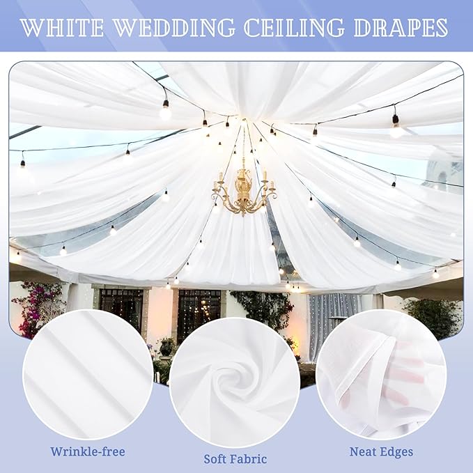 8 Panels White Ceiling Drapes for Wedding 5ftx30ft Sheer Drapery Chiffon Fabric - Image 3