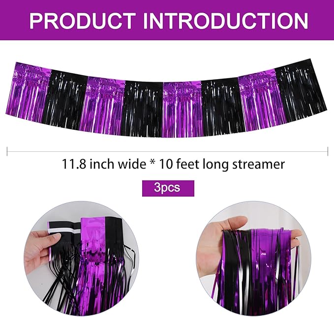 BEISHIDA 3 Packs Metallic Foil Fringe Garland Black Purple Wall Hanging Tinsel - Image 3