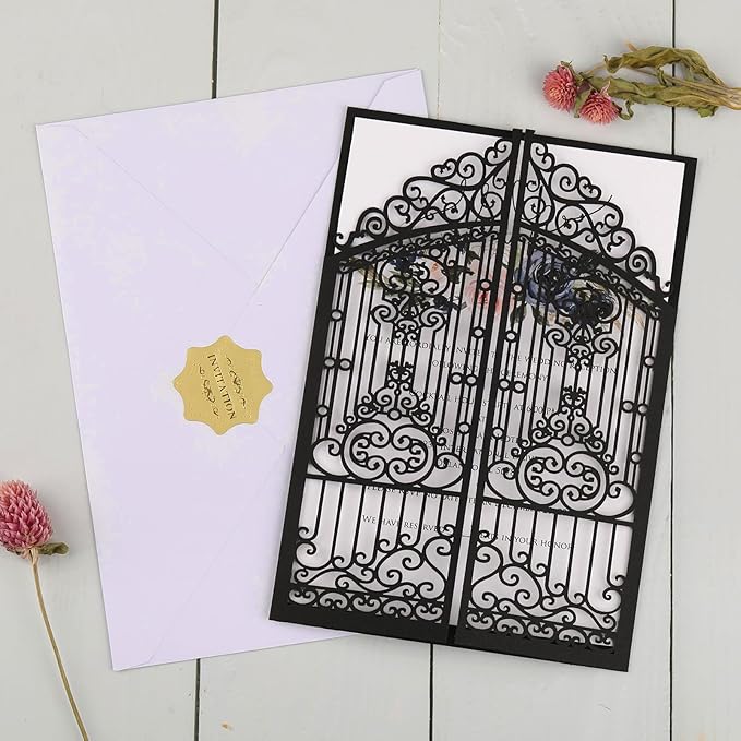50Pcs Wedding Invitation Kit Black Fences Fold Laser Cut Invitation Pocket - Image 4