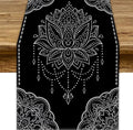 Lotus Flower Table Runner, Bohemian Ethnic Oriental Mandala Black White Floral by JanJCurt