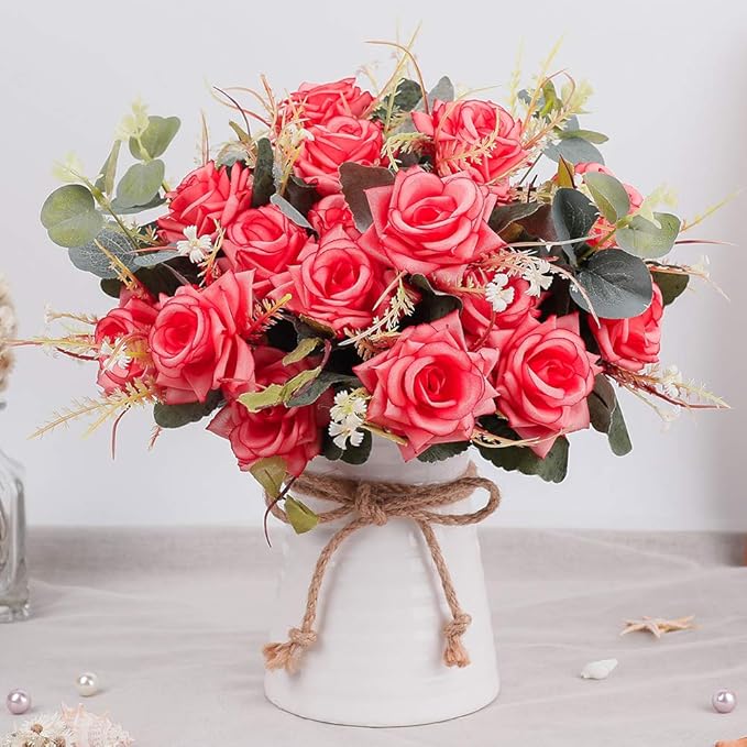 LESING Artificial Rose with Vase, Fake Silk Flowers Bouquets in Vase Table - Image 2