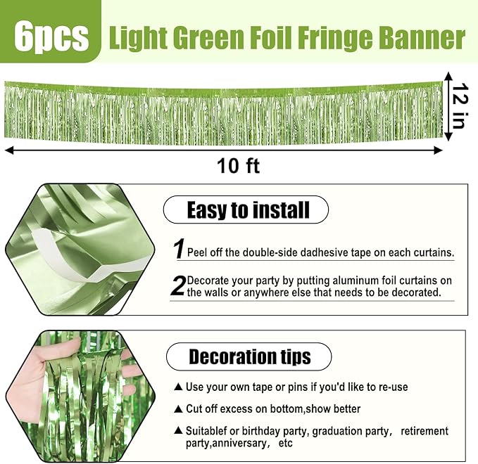 6 Pack 10 Feet Light Green Foil Fringe Garland Metallic Tinsel Streamers Banner - Image 2