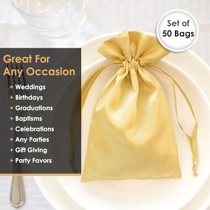 6" x 9" Gold Satin Gift Bags, Jewelry Bags, Wedding Favor Drawstring Baby - Image 5