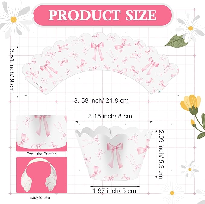 Domensi 100 Pcs Pink Bow Cupcake Wrappers Rustic Cupcake Liners Pink Baking - Image 3
