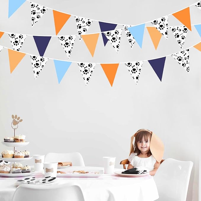 32Ft Orange Blue Dog Paw Party Decorations Puppy Paw Print Fabric Banner - Image 6