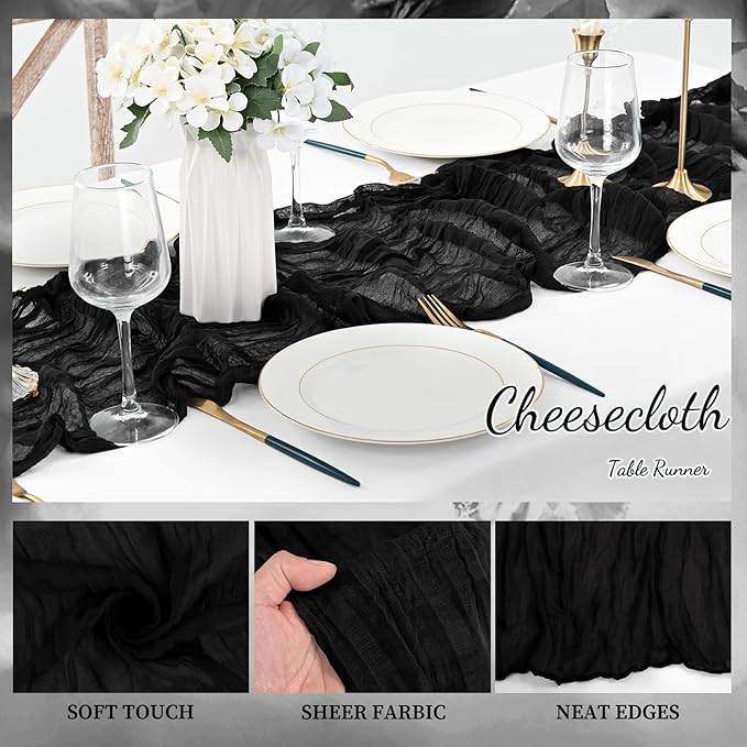 10FT 12 Pack Black Cheesecloth Table Runner 20 x 120 Inch Long Boho Fabric - Image 3