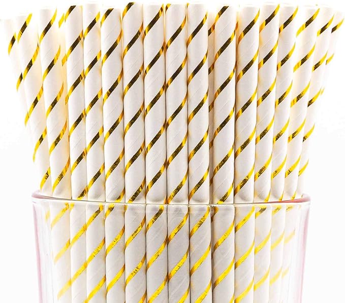 Pack of 300 Gold Foil Stripes Biodegradable 4-Ply Paper Drinking Straws by Stephanie+Imports