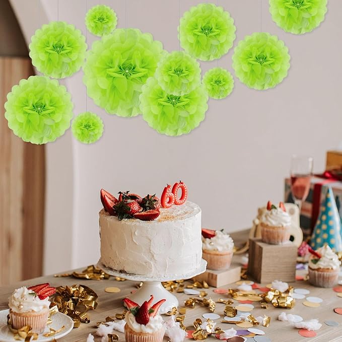 Tissue Paper Pom Poms, Bright Green Tissue Paper Flowers, Hanging Flower Balls - Image 3