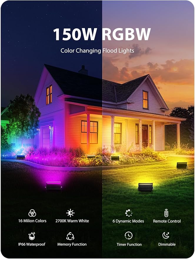 Onforu LED Flood Light Outdoor 1000W Equivalent, 150W Color Changing RGBW - Image 2