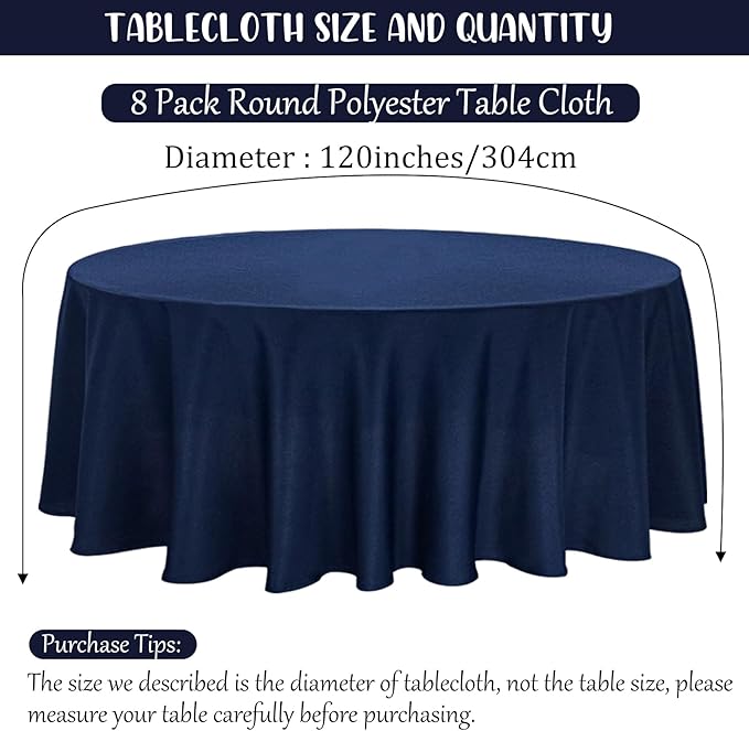 8 Pack Premium Round Tablecloth 120 Inch Round Table Covers Washable Polyester - Image 2