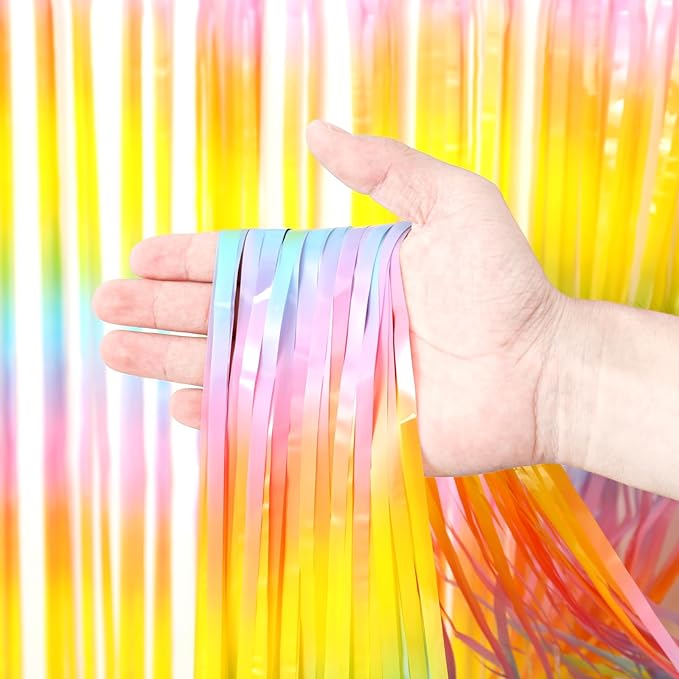 3 Pack 3.3 x 8.2 ft Pastel Rainbow Foil Fringe Backdrop Curtains, Tinsel - Image 2