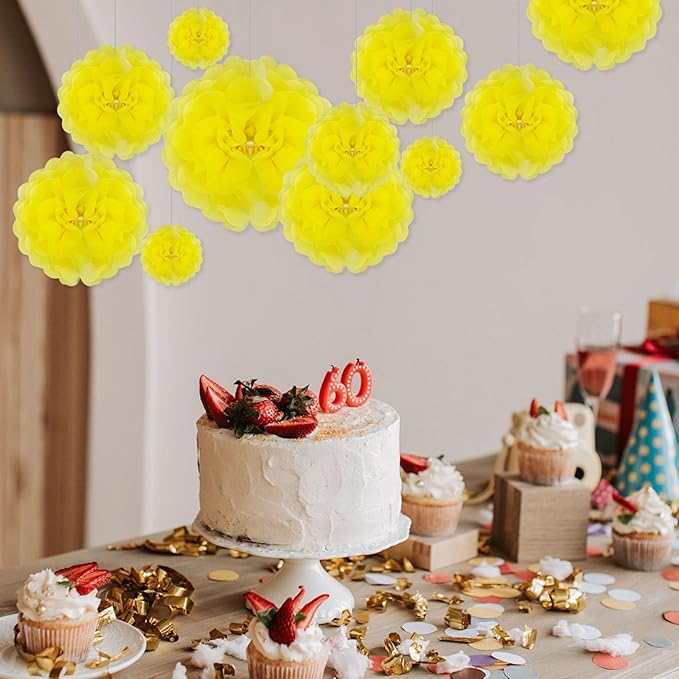Tissue Paper Pom Poms, Light Yellow Tissue Paper Flowers, Hanging Flower Balls - Image 3