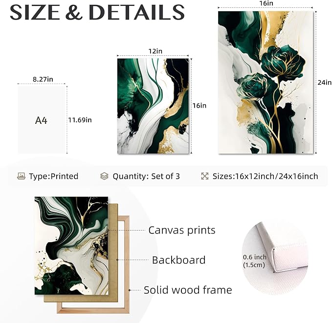 IAFWZX Framed Green Gold Abstract Wall Art, Emerald Marble Textured Wall Decor - Image 7