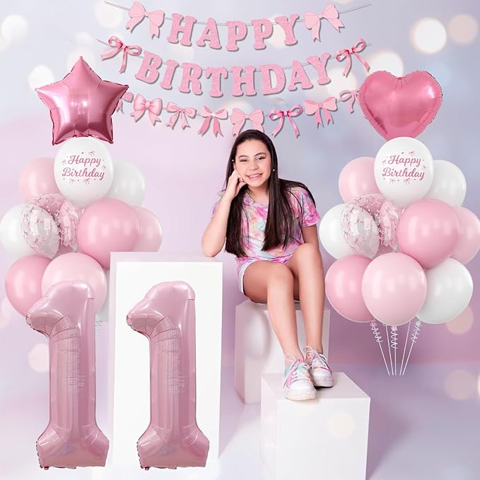 11th Birthday Decorations for Girls Pink Number 11 Balloon Bow Coquette Happy - Image 5