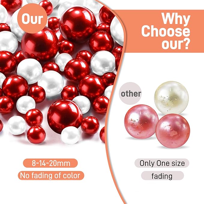 180PCS Red & White Beads for Centerpieces Vases, No Hole Polished Pearl Makeup - Image 3