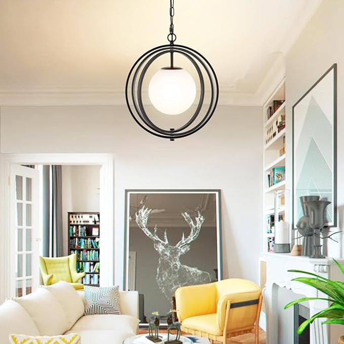 Black Orb Chandelier 1 Light Globe Pendant Light Fixtures White Globe Glass - Image 3