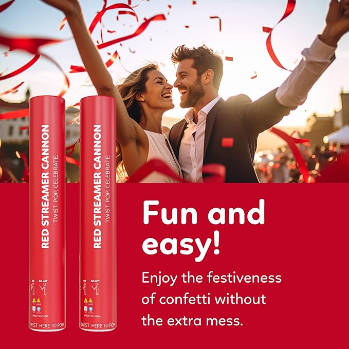 2 Pack Streamer Cannon Confetti Poppers | Biodegradable Red Confetti | TUR - Image 2
