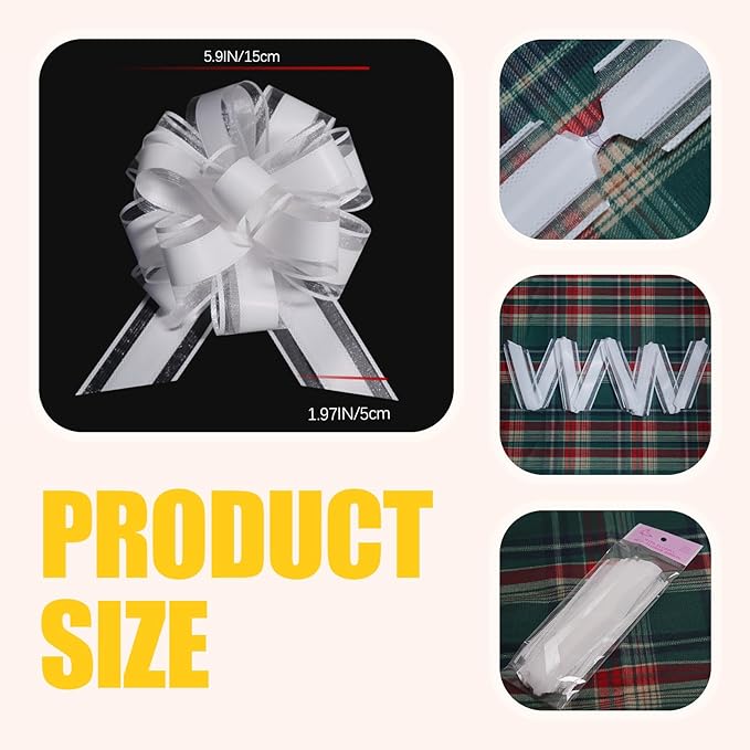 12 PCS 6 Inch Large Pull Organza White Bows - Image 2