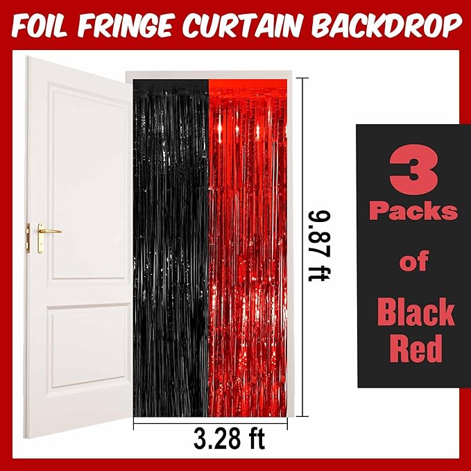 3 Pack Black and Red Foil Fringe Curtains Backdrop, 3.28 x 9.8 Ft Metallic - Image 2