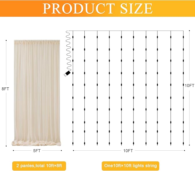 Tulle Backdrop Curtains with Lights String 10FT X 8FT Champagne Sheer Curtain - Image 2