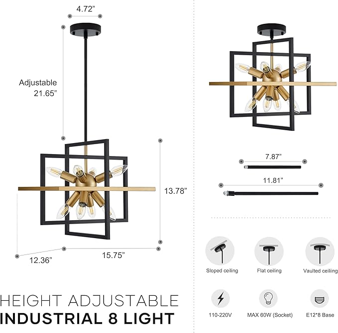 15.8'' Black Gold 8-Light Sputnik Chandelier Modern Industrial Adjustable - Image 3