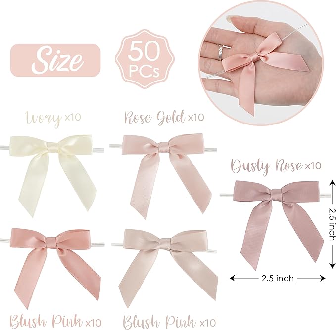 AIMUDI 5 Colors Dusty Rose Bows 2.5" Pink Satin Twist Tie Bows - Image 2