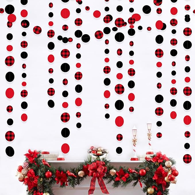 46Ft Buffalo Plaid Polka Dot Garlands Black Red Checkered Paper Circle Dot by pinkblume