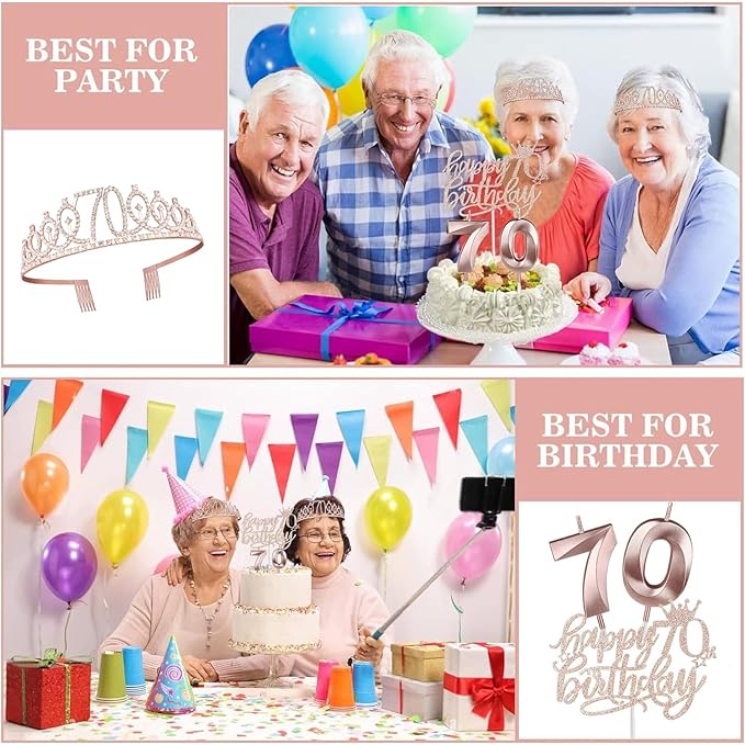 70th Birthday Decorations for Women, Including Sash, Crown/Tiara, Cake Topper - Image 5