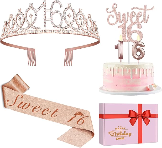 Sweet 16 Party Decorations for Girls Including Sash and Tiara, Cake Topper and by JueslyBirthdayParty
