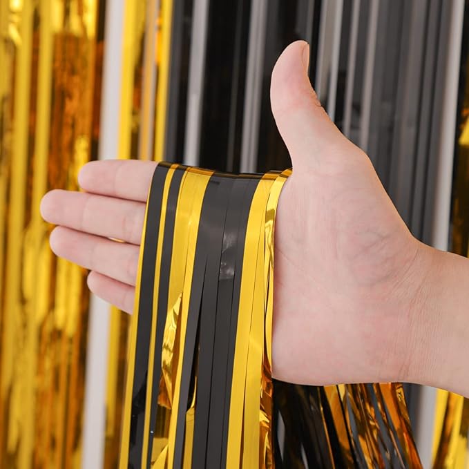 4 Pack Black and Gold Foil Fringe Backdrop Curtains, Tinsel Streamers Birthday - Image 2