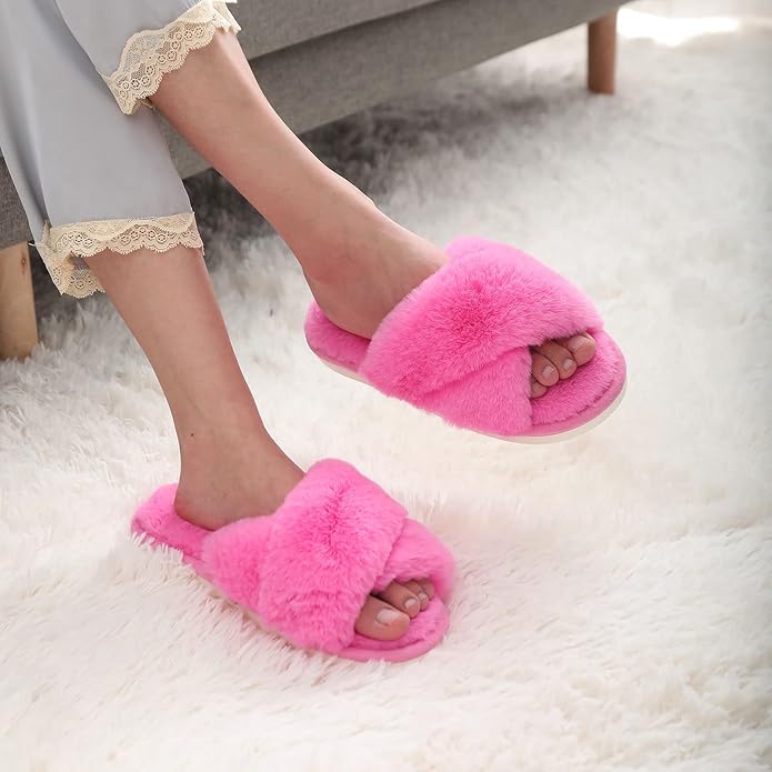 Evshine Women's Fuzzy Slippers Cross Band Memory Foam House Slippers Open Toe - Image 6