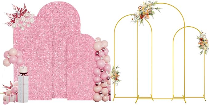 MODFUNS Metal Arch Backdrop Stand and Cover Set 6&6.6&7.2ft Pink Gold Sequins by MODFUNS