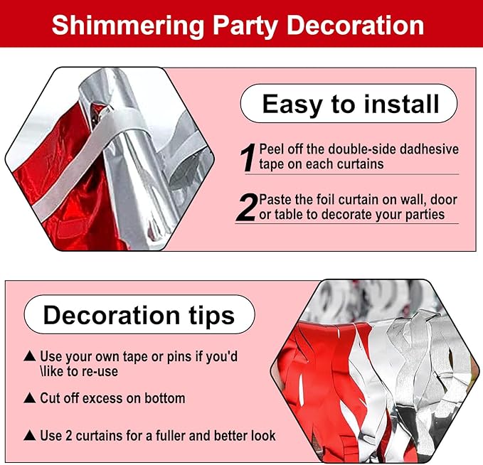 4 Pack Red Silver Wave Foil Fringe Curtain Backdrop, 3.28Ft x 8.2Ft Metallic - Image 3