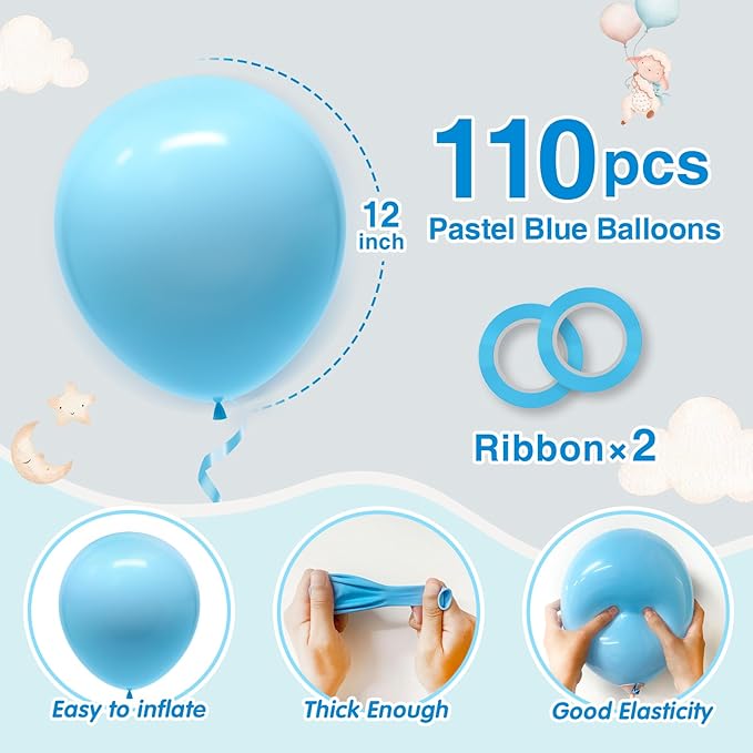 110pcs Pastel Blue Balloons 12 Inch Latex Light Blue Balloon Garland Arch Kit - Image 2