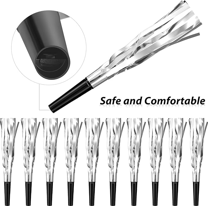 Skylety 24 Pcs Noise Makers Party Favors Silver Blowers Glitter Noise Makers - Image 2