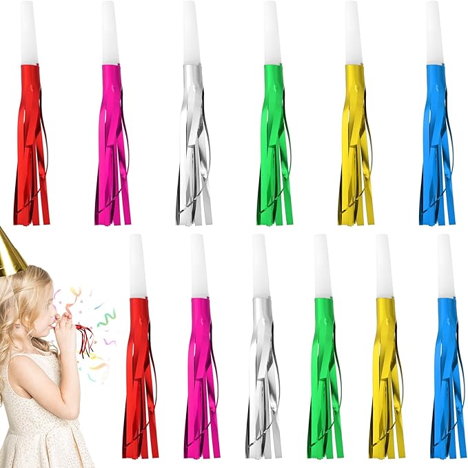 12pcs Glitter Fringed Party Blowers, Colorful Birthday Blow Horns Funny Noise by BOXOB