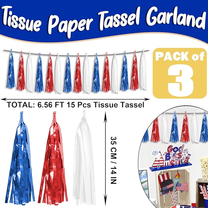3P Red Blue White Foil Fringe Metallic Tassel Streamers Banner Tassel Garland - Image 2