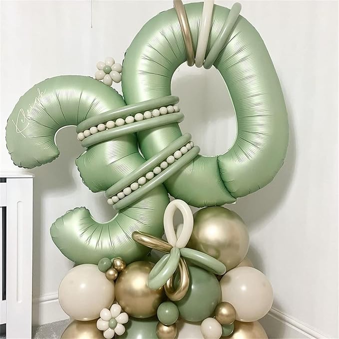 40'' Sage Green Number 9 Balloon, Self Inflating Foil Number Balloons Set 0-9 - Image 4