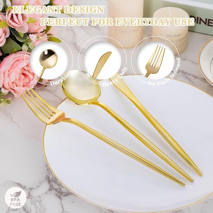 150PCS Gold Plastic Silverware, Heavy Duty Disposable Utensils Include 50 Forks - Image 3