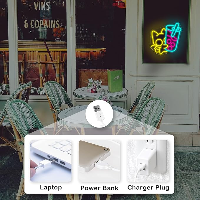 Looklight Cat Boba Tea Neon Sign, Dimmable LED Neon Light Bar Sign, USB Light - Image 4