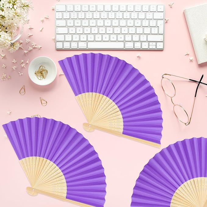 6 Pieces Purple Hand Held Bamboo Folding Fans Foldable Paper Fans Handheld - Image 6