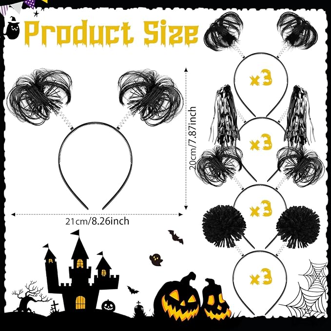 Censen 12 Pcs Halloween Pom Pom Party Headbands Tinsel Ponytails Spirit Head - Image 2