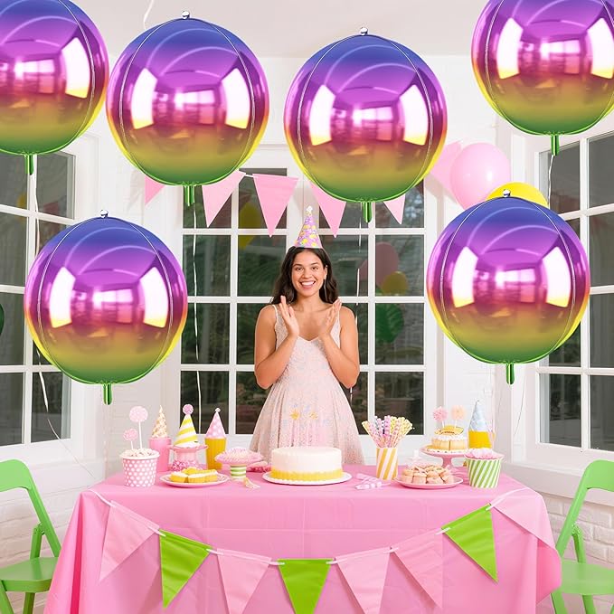 6Pcs Gradient Rainbow Round Foil Balloons, Metallic Multicolor Iridescent Mylar - Image 5