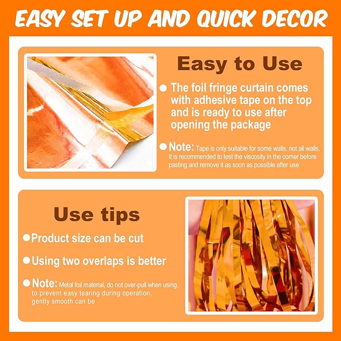 6 Pack Orange Foil Fringe Curtains Backdrop, 3.28 x 8.2 Ft Metallic Streamers - Image 3